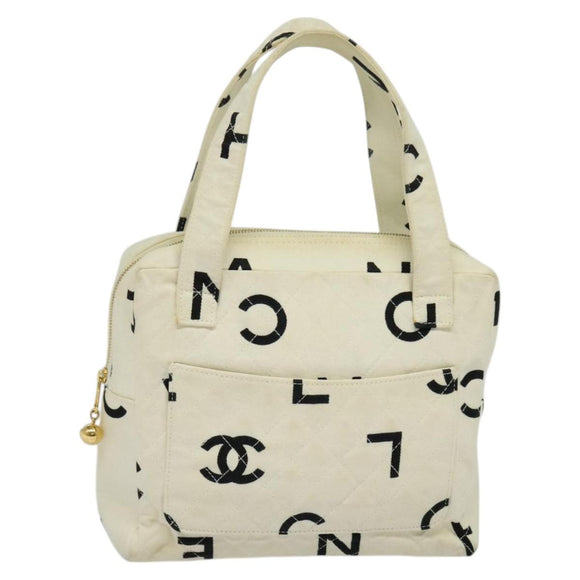CHANEL Hand Bag Canvas White Black CC Auth 123833
