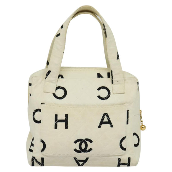 CHANEL Hand Bag Canvas White Black CC Auth 123833