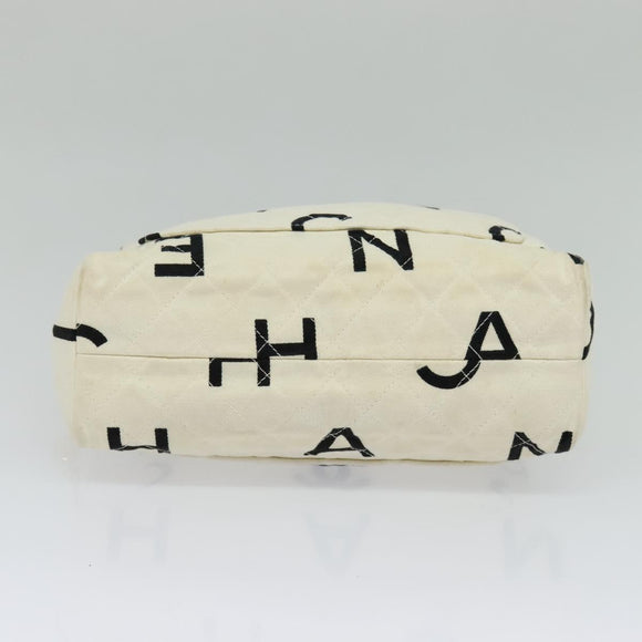 CHANEL Hand Bag Canvas White Black CC Auth 123833