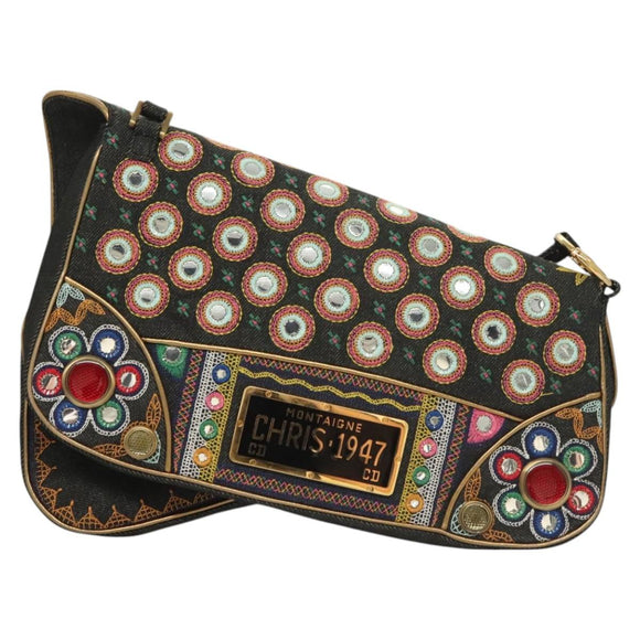 Christian Dior Montaigne Shoulder Bag Denim Black Gold Auth 123839SV