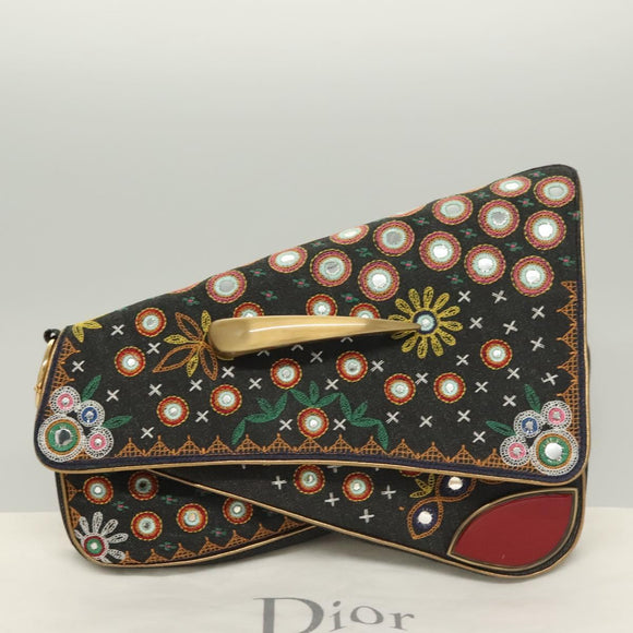Christian Dior Montaigne Shoulder Bag Denim Black Gold Auth 123839SV