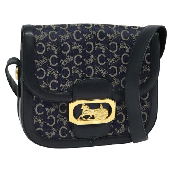 CELINE C Sulky Shoulder Bag Canvas Navy Gold Auth 123864