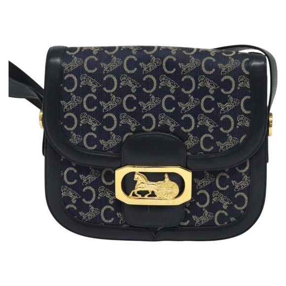 CELINE C Sulky Shoulder Bag Canvas Navy Gold Auth 123864