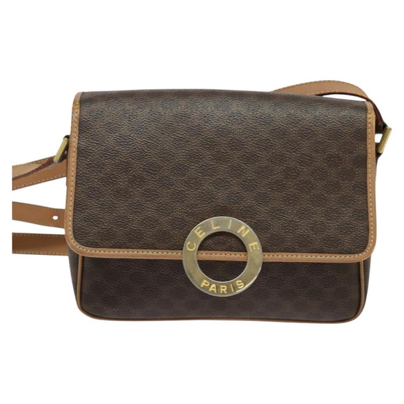 CELINE Macadam Canvas Circle Shoulder Bag PVC Leather Brown Gold Auth 123950