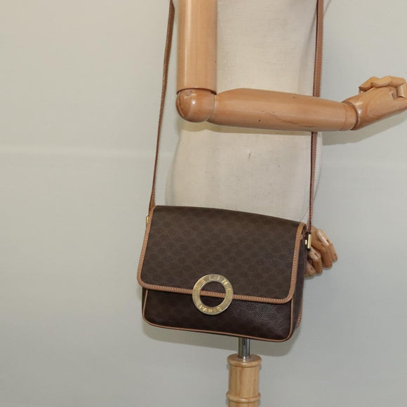 CELINE Macadam Canvas Circle Shoulder Bag PVC Leather Brown Gold Auth 123950