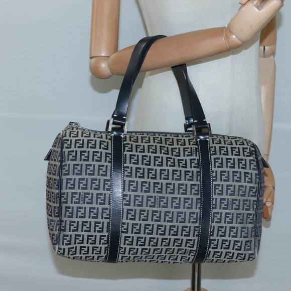 FENDI Zucchino Canvas Hand Bag Navy Silver Auth 123956
