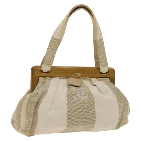 CHANEL Hand Bag Canvas Beige Gold CC Auth 123968