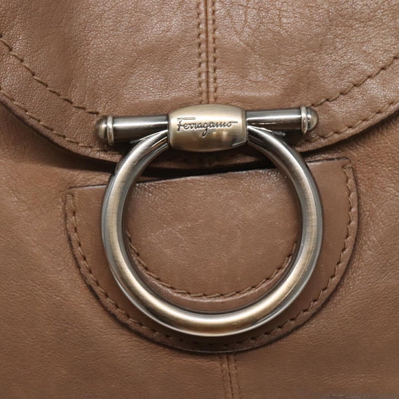 Salvatore Ferragamo Gancini Shoulder Bag Leather Brown Silver Auth 123976