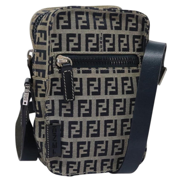 FENDI Zucchino Canvas Shoulder Bag Navy Silver Auth 123978