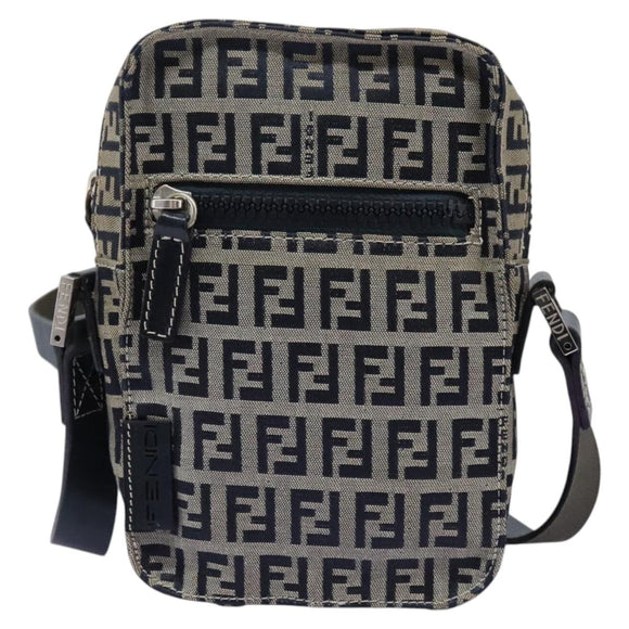 FENDI Zucchino Canvas Shoulder Bag Navy Silver Auth 123978