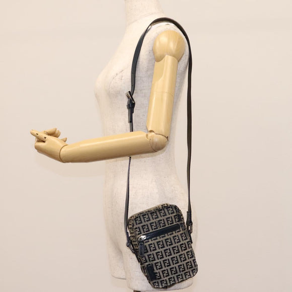 FENDI Zucchino Canvas Shoulder Bag Navy Silver Auth 123978