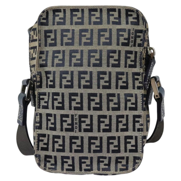 FENDI Zucchino Canvas Shoulder Bag Navy Silver Auth 123978