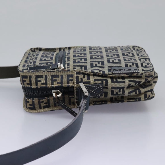 FENDI Zucchino Canvas Shoulder Bag Navy Silver Auth 123978
