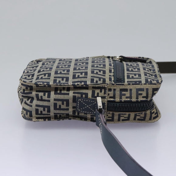 FENDI Zucchino Canvas Shoulder Bag Navy Silver Auth 123978
