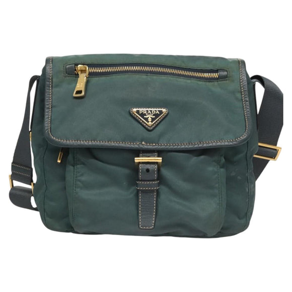 PRADA Shoulder Bag Nylon Green Gold Auth 123982