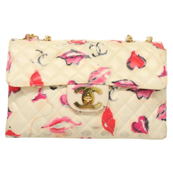 CHANEL Matelasse Chain Shoulder Bag Vinyl Coating White Gold CC Auth 124073AV