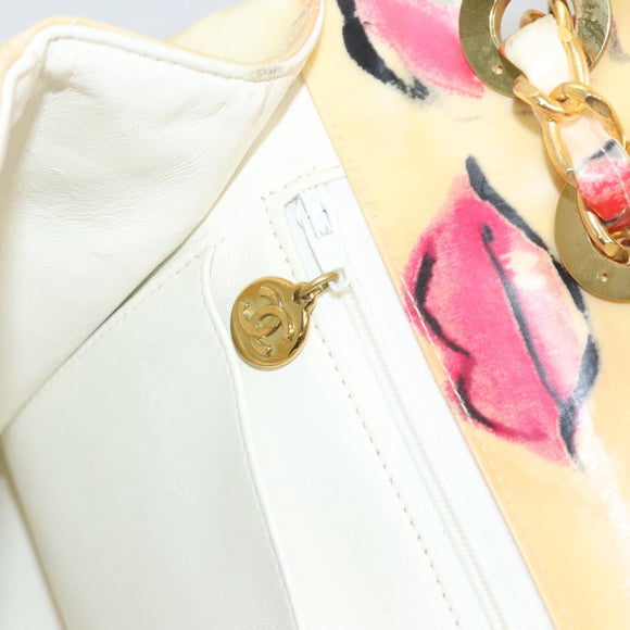 CHANEL Matelasse Chain Shoulder Bag Vinyl Coating White Gold CC Auth 124073AV