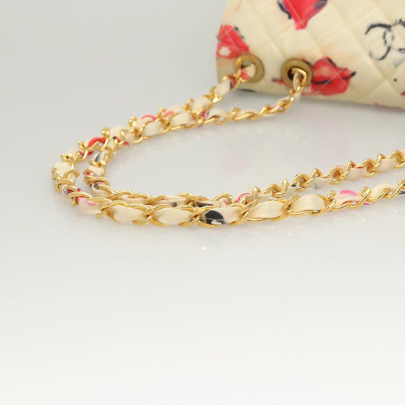 CHANEL Matelasse Chain Shoulder Bag Vinyl Coating White Gold CC Auth 124073AV