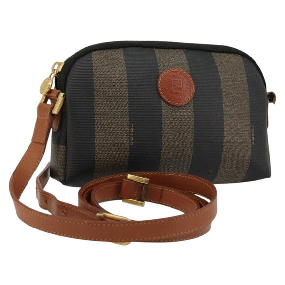 FENDI Pecan Canvas Umhängetasche PVC Braun Schwarz Gold Auth 124174