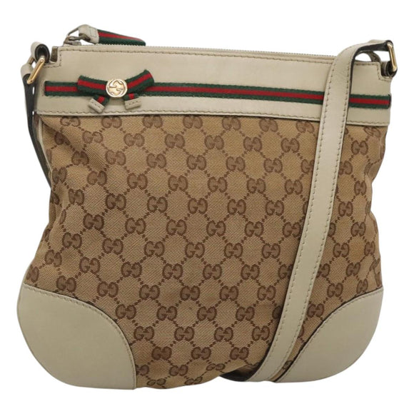 GUCCI GG Canvas Web Sherry Line Shoulder Bag Beige Gold 257065 Auth 124204