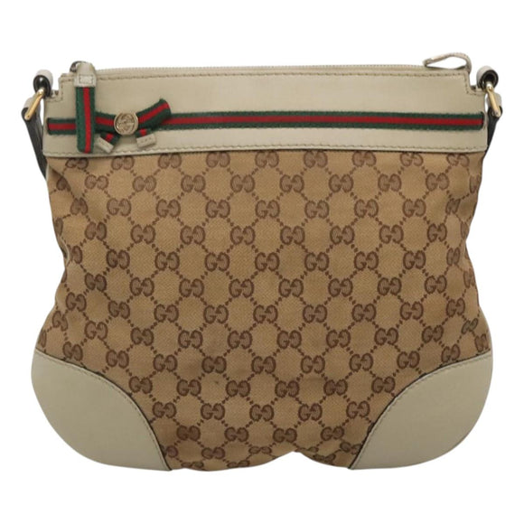 GUCCI GG Canvas Web Sherry Line Shoulder Bag Beige Gold 257065 Auth 124204