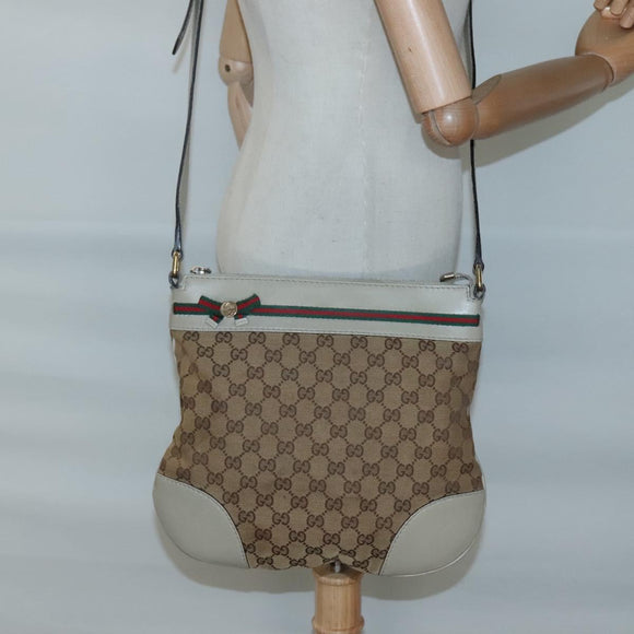 GUCCI GG Canvas Web Sherry Line Shoulder Bag Beige Gold 257065 Auth 124204