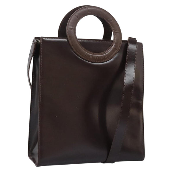 CELINE Hand Bag Leather 2way Dark Brown Gold Auth 124296