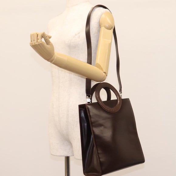 CELINE Hand Bag Leather 2way Dark Brown Gold Auth 124296