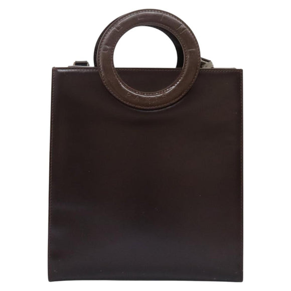 CELINE Hand Bag Leather 2way Dark Brown Gold Auth 124296