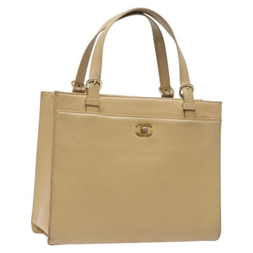 CHANEL Hand Bag Caviar Skin Beige Gold CC Auth 124376