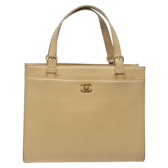 CHANEL Hand Bag Caviar Skin Beige Gold CC Auth 124376
