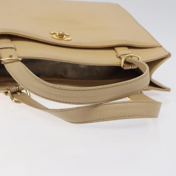 CHANEL Hand Bag Caviar Skin Beige Gold CC Auth 124376