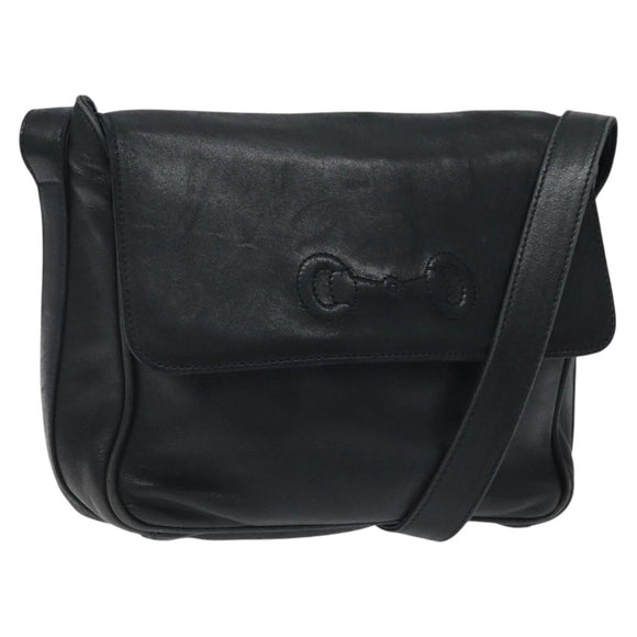GUCCI Horsebit Shoulder Bag Leather Black Gold 007 3444 0220 Auth 124377