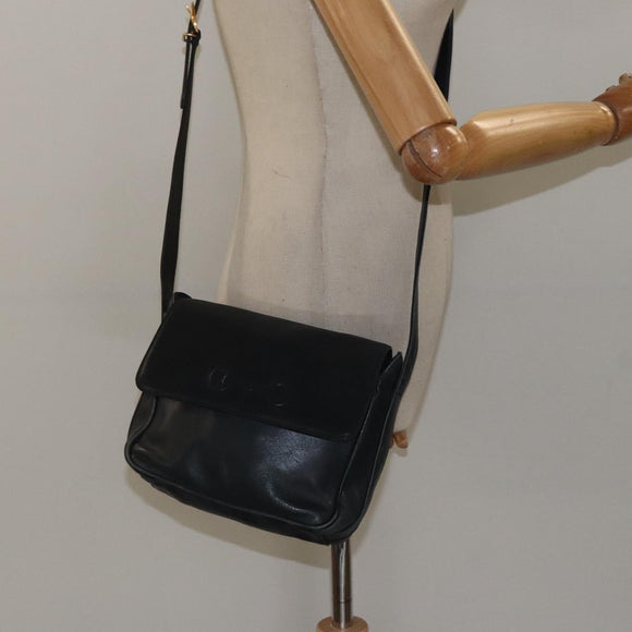 GUCCI Horsebit Shoulder Bag Leather Black Gold 007 3444 0220 Auth 124377