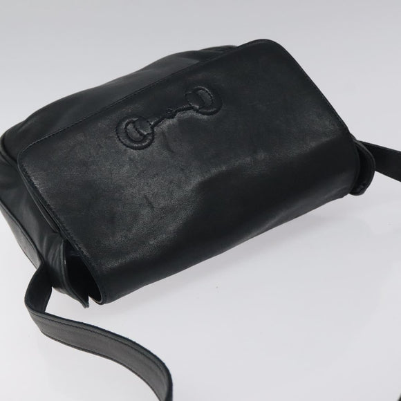 GUCCI Horsebit Shoulder Bag Leather Black Gold 007 3444 0220 Auth 124377