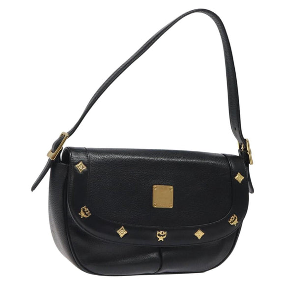 MCM Shoulder Bag Leather Black Gold Auth 124398