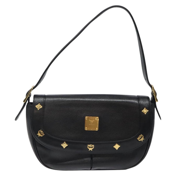 MCM Shoulder Bag Leather Black Gold Auth 124398