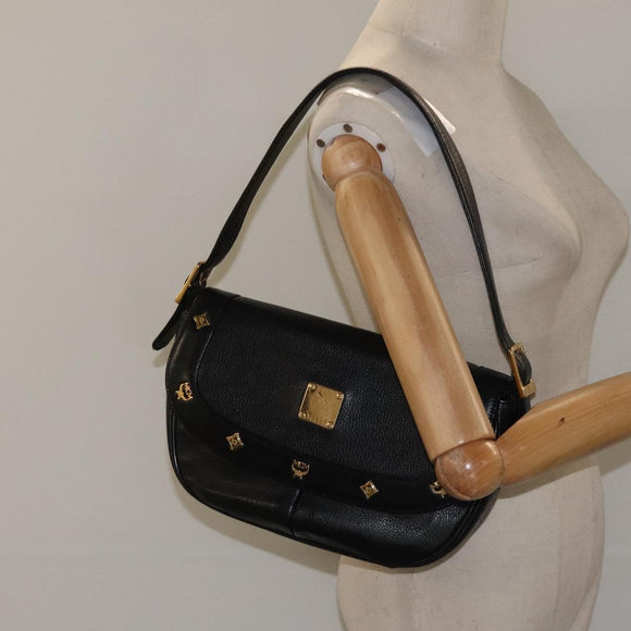 MCM Shoulder Bag Leather Black Gold Auth 124398