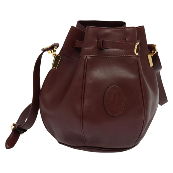 CARTIER Must Line Shoulder Bag Leather Bordeaux Gold Auth 124429