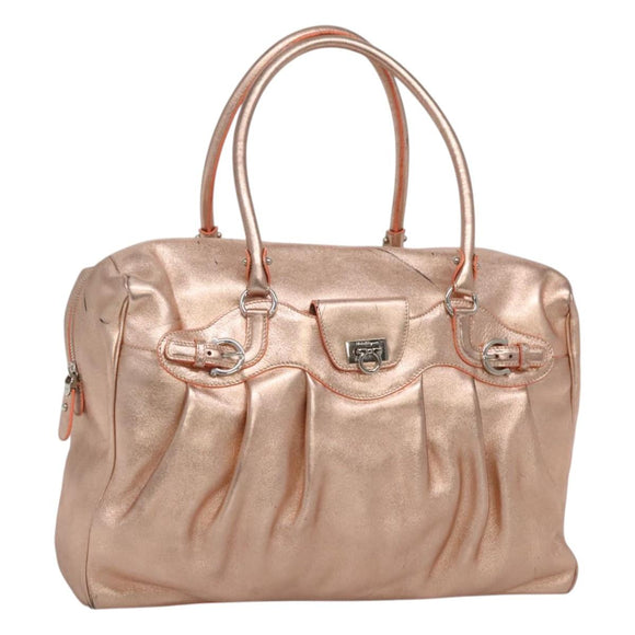 Salvatore Ferragamo Gancini Shoulder Bag Leather Silver Pink gold Auth 124430