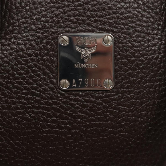 MCM Hand Bag Leather Dark Brown Silver Auth 124506