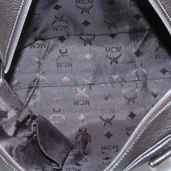 MCM Hand Bag Leather Dark Brown Silver Auth 124506
