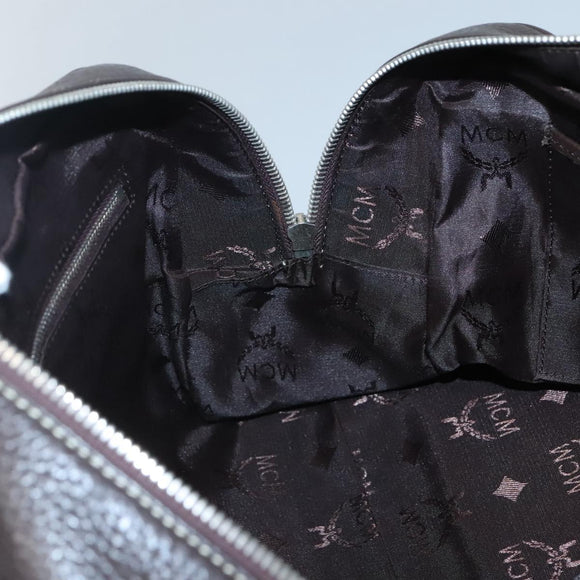 MCM Hand Bag Leather Dark Brown Silver Auth 124506