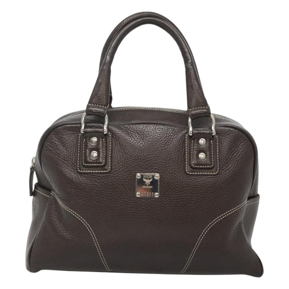MCM Hand Bag Leather Dark Brown Silver Auth 124506