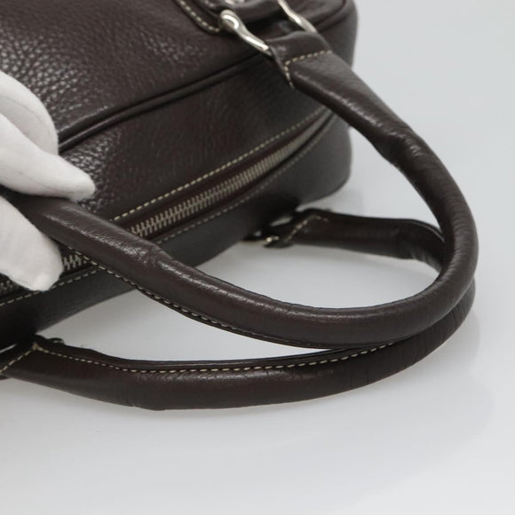 MCM Hand Bag Leather Dark Brown Silver Auth 124506