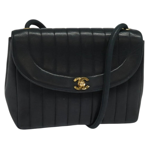 CHANEL Matelasse Mademoiselle Shoulder Bag Lamb Skin Black Gold CC Auth 124522