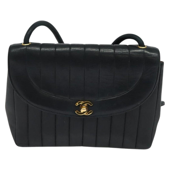 CHANEL Matelasse Mademoiselle Shoulder Bag Lamb Skin Black Gold CC Auth 124522