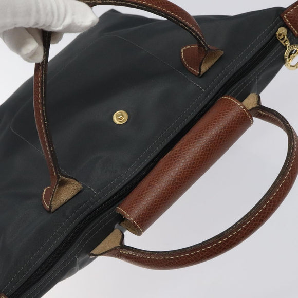 LONGCHAMP Hand Bag Nylon Leather Gray Gold Auth 124565