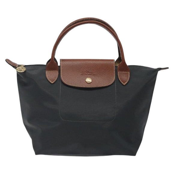 LONGCHAMP Hand Bag Nylon Leather Gray Gold Auth 124565