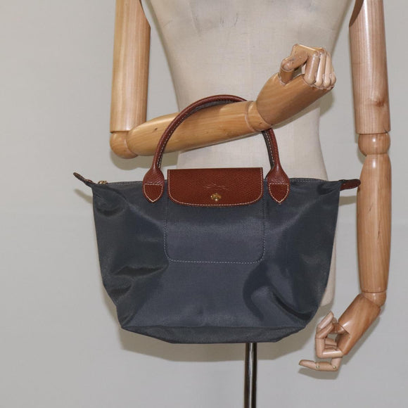 LONGCHAMP Hand Bag Nylon Leather Gray Gold Auth 124565